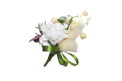 Photo of Boutonniere with beautiful flowers isolated on white