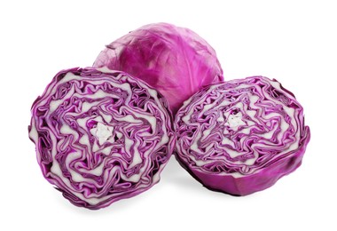 Photo of Whole and cut red cabbages on white background