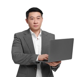 Photo of Businessman in suit working on laptop against white background