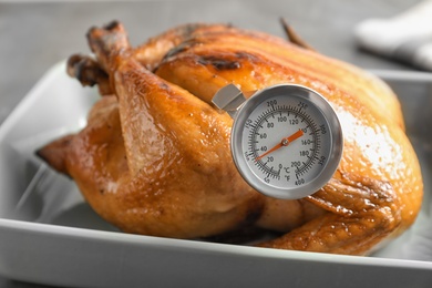 Photo of Roasted turkey with meat thermometer in baking dish