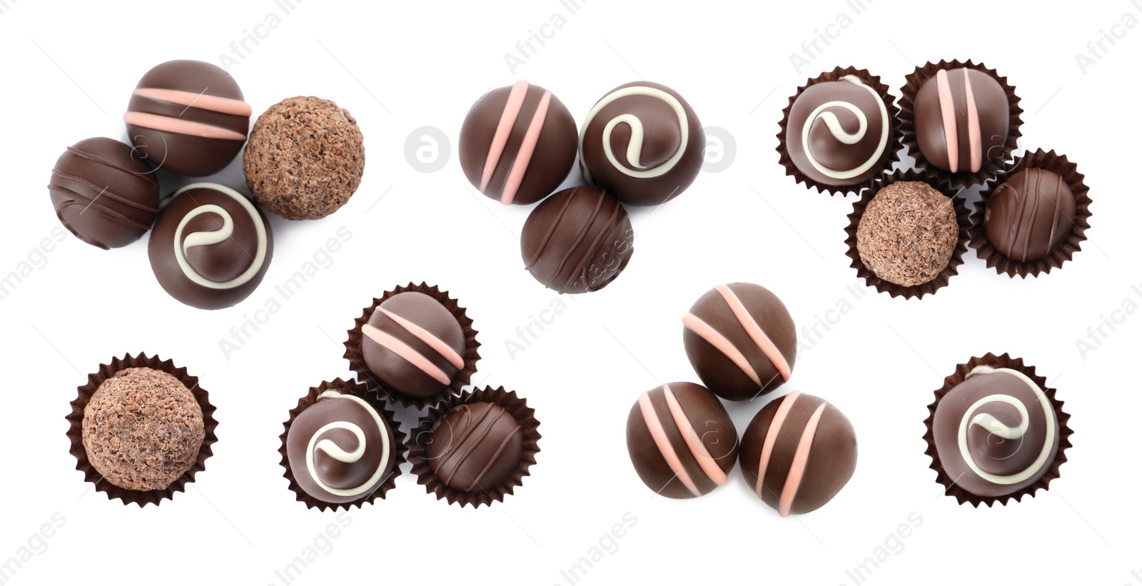 Image of Set with delicious sweet chocolate truffles on white background, top view. Banner design