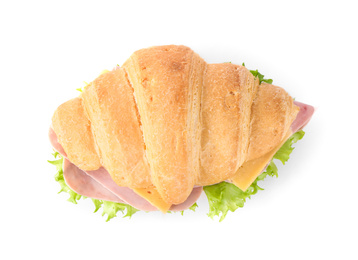 Photo of Tasty croissant sandwich with ham isolated on white, top view