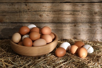 Fresh chicken eggs on dried straw near wooden wall