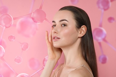 Image of Beautiful woman with perfect healthy skin and molecular model on pink background. Innovative cosmetology
