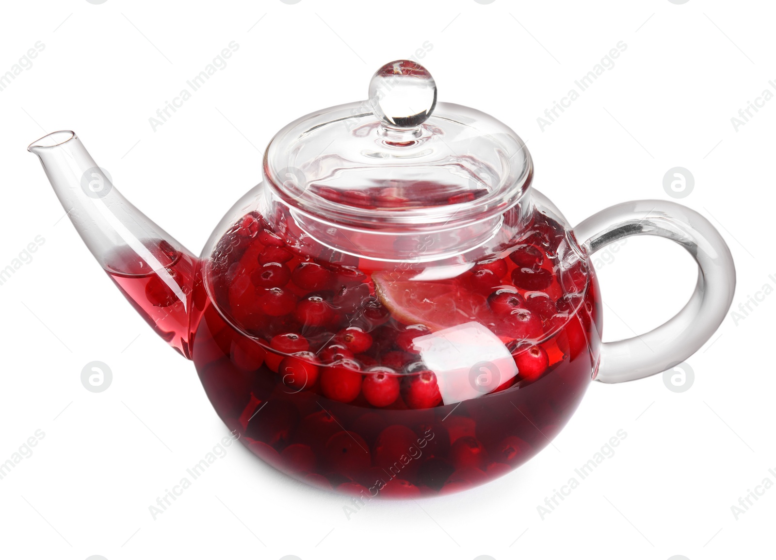 Photo of Tasty hot cranberry tea with lemon in teapot isolated on white