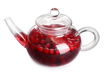 Photo of Tasty hot cranberry tea with lemon in teapot isolated on white