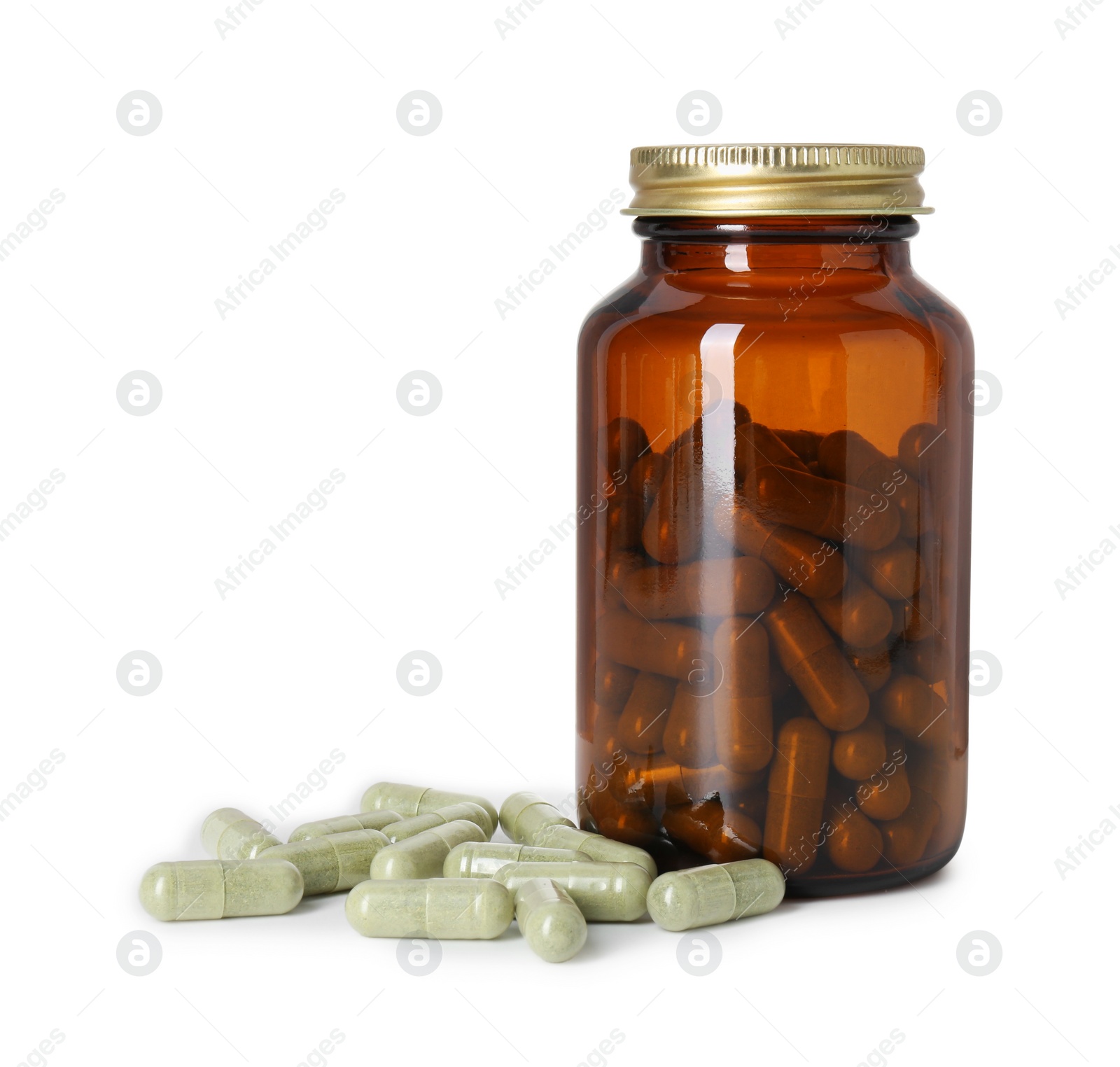 Photo of Vitamin pills and bottle isolated on white