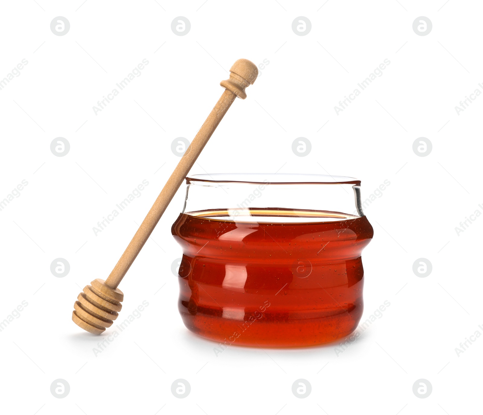 Photo of Jar with delicious honey and dipper on white background