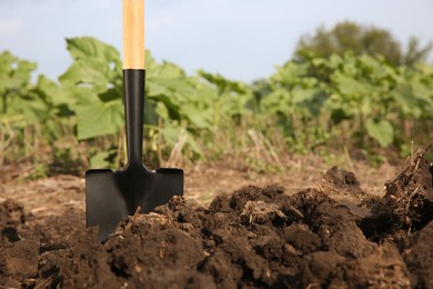 Shovel in soil outdoors, space for text