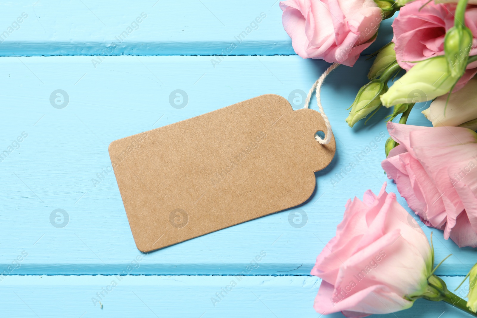 Photo of Happy Mother's Day. Beautiful flowers with blank card on light blue wooden table, flat lay