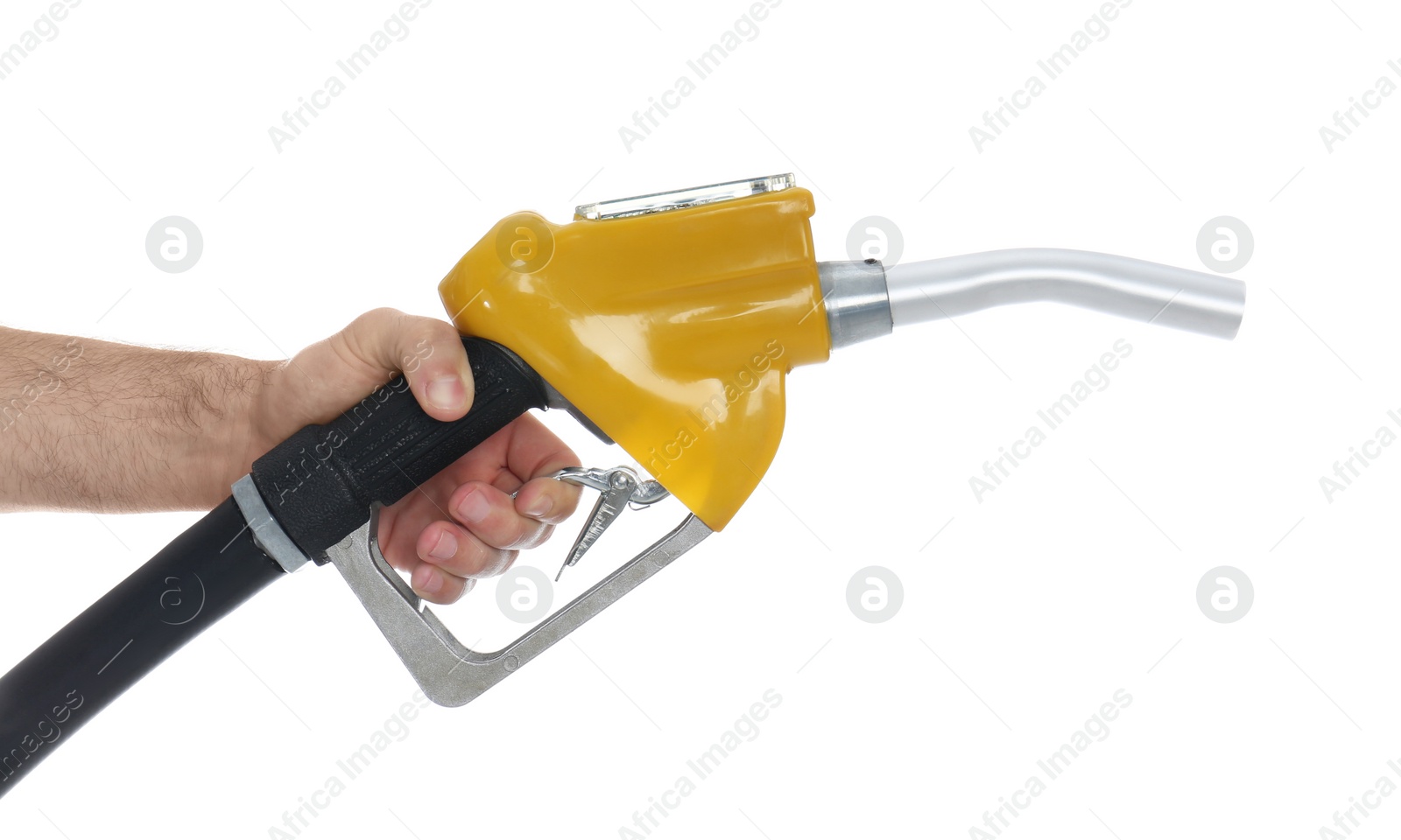 Photo of Gas station worker with fuel nozzle on white background, closeup