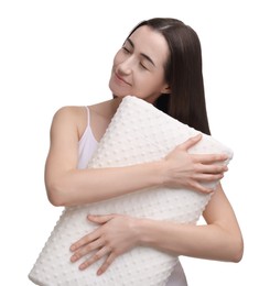 Photo of Woman with orthopedic pillow on white background