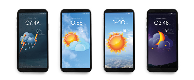 Image of Set of smartphones with open weather forecast app on white background, top view. Banner design