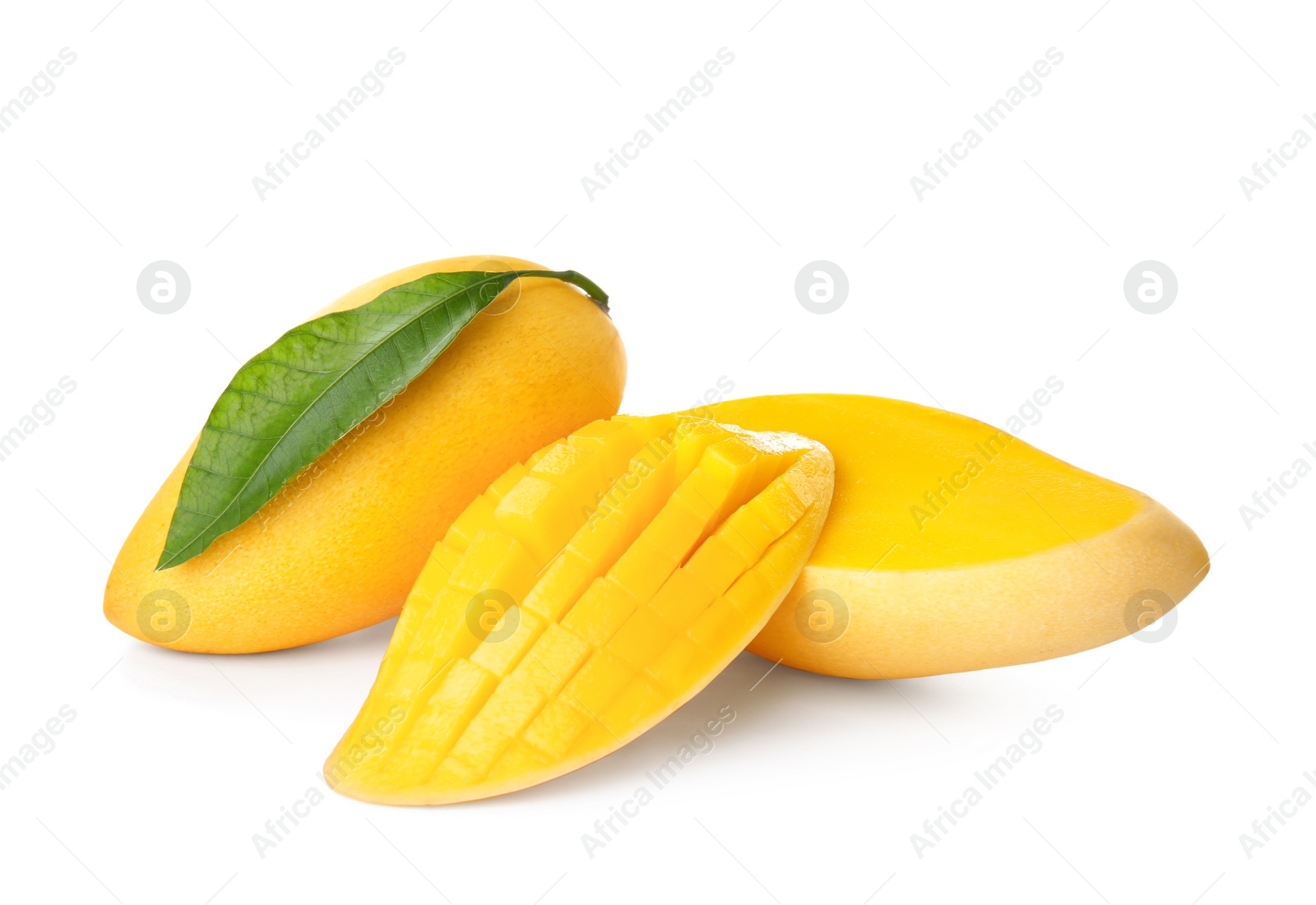 Photo of Fresh juicy mango and leaf isolated on white