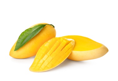 Photo of Fresh juicy mango and leaf isolated on white