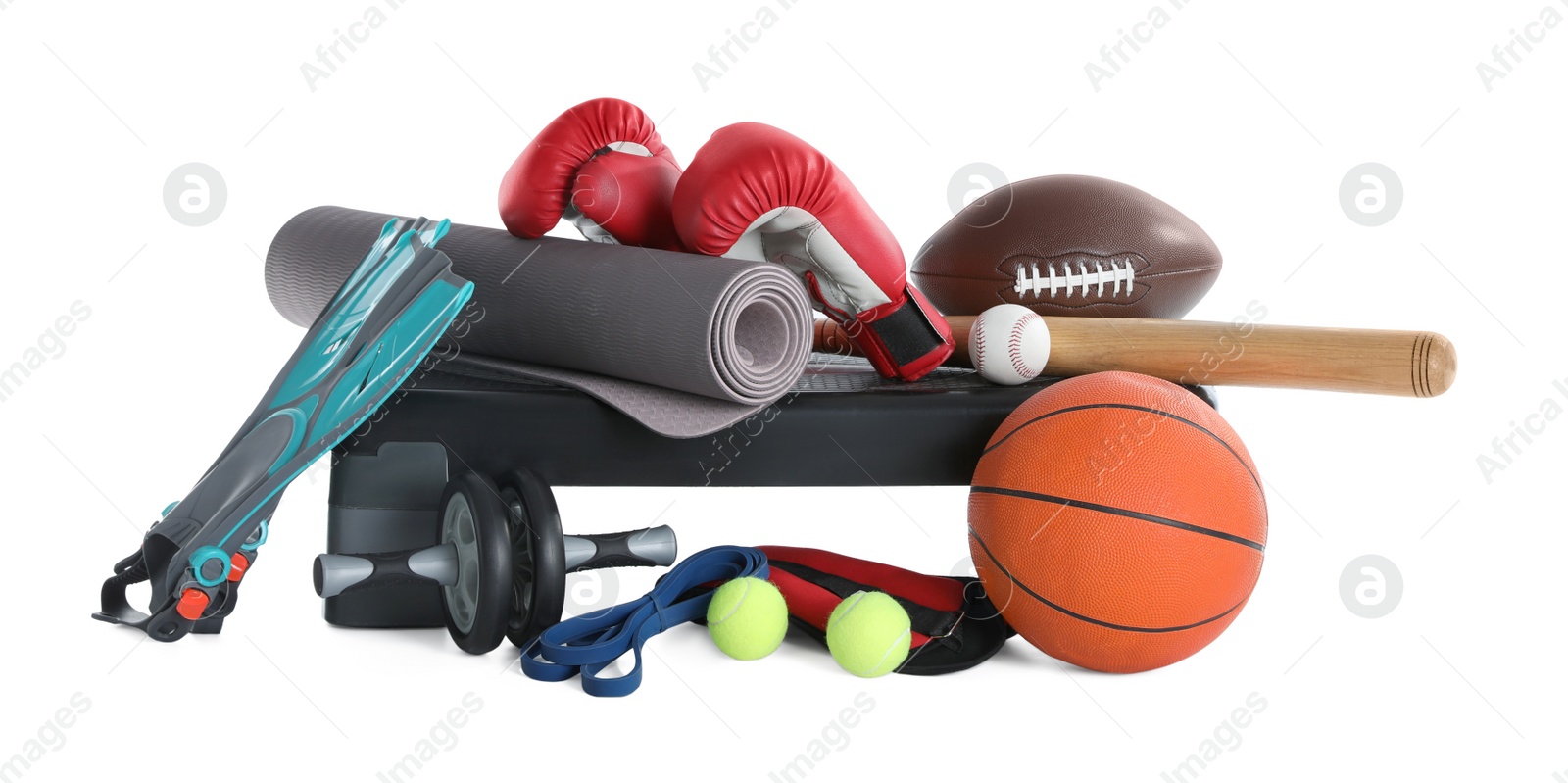 Photo of Set of different sports equipment on white background