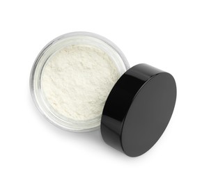 Photo of Rice loose face powder isolated on white, top view. Makeup product