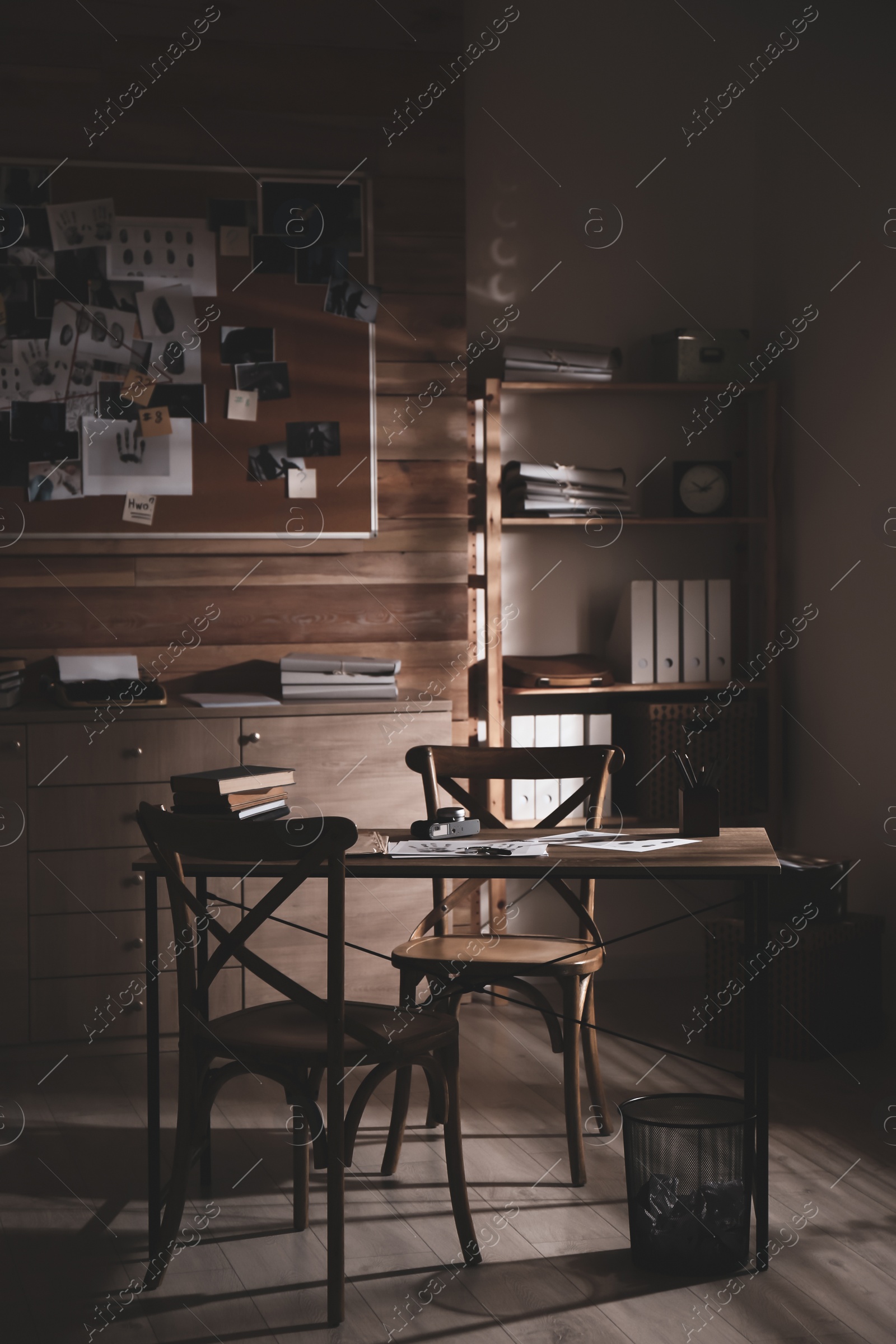 Photo of Detective office interior with evidence board on wall