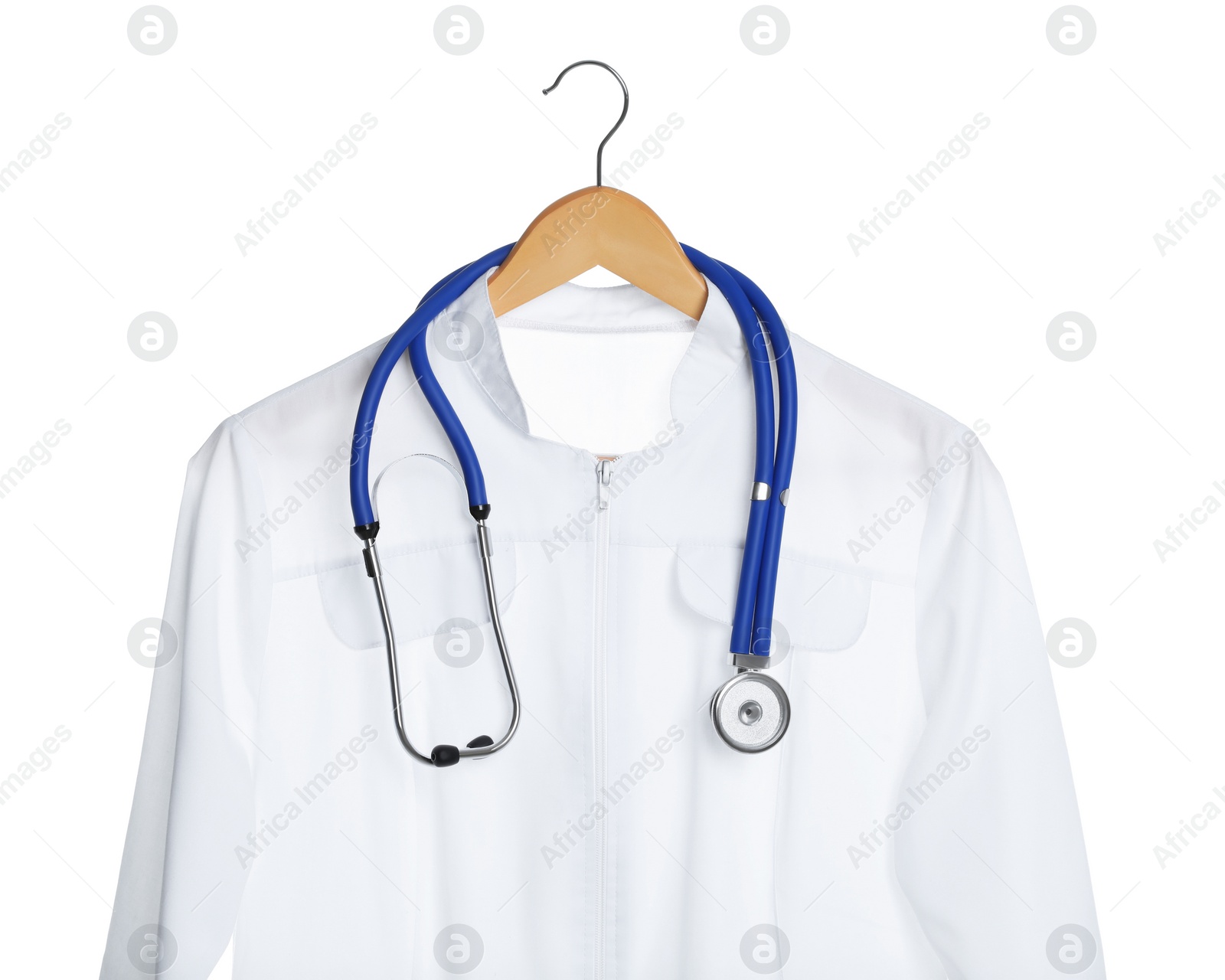 Photo of Doctor's gown and stethoscope isolated on white. Medical uniform