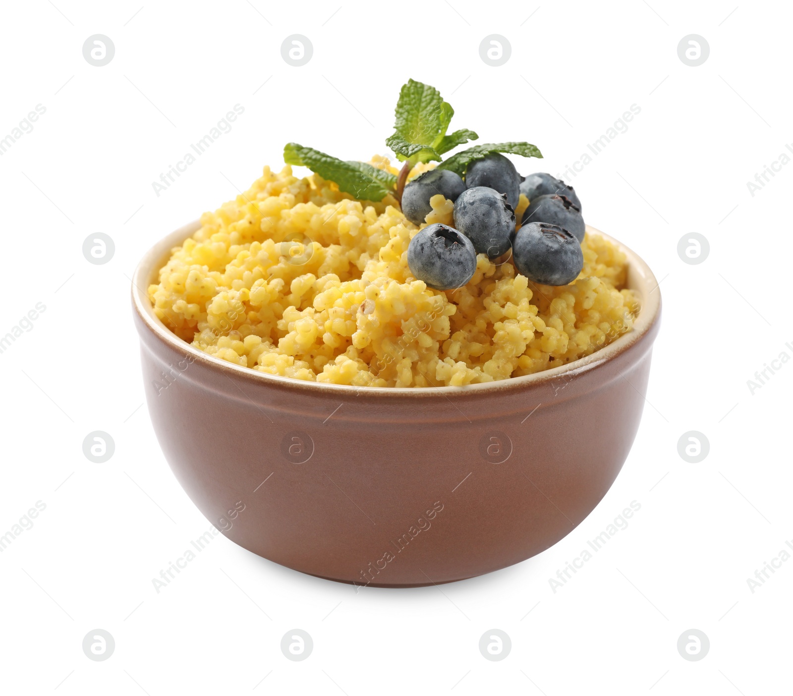 Photo of Tasty millet porridge with blueberries and mint in bowl isolated on white