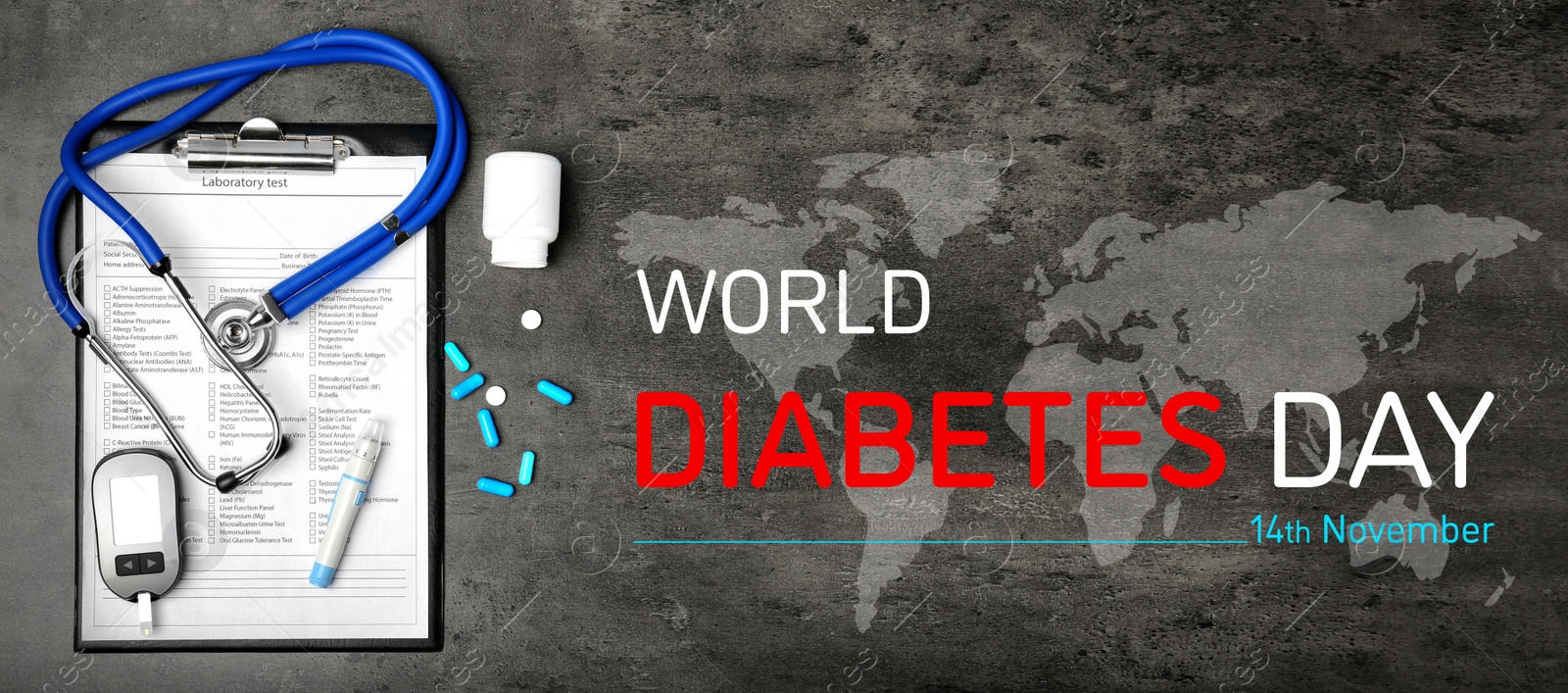 Image of World Diabetes Day. Form of laboratory test, digital glucometer, lancet pen, pills and stethoscope on grey table with world map, top view. Banner design