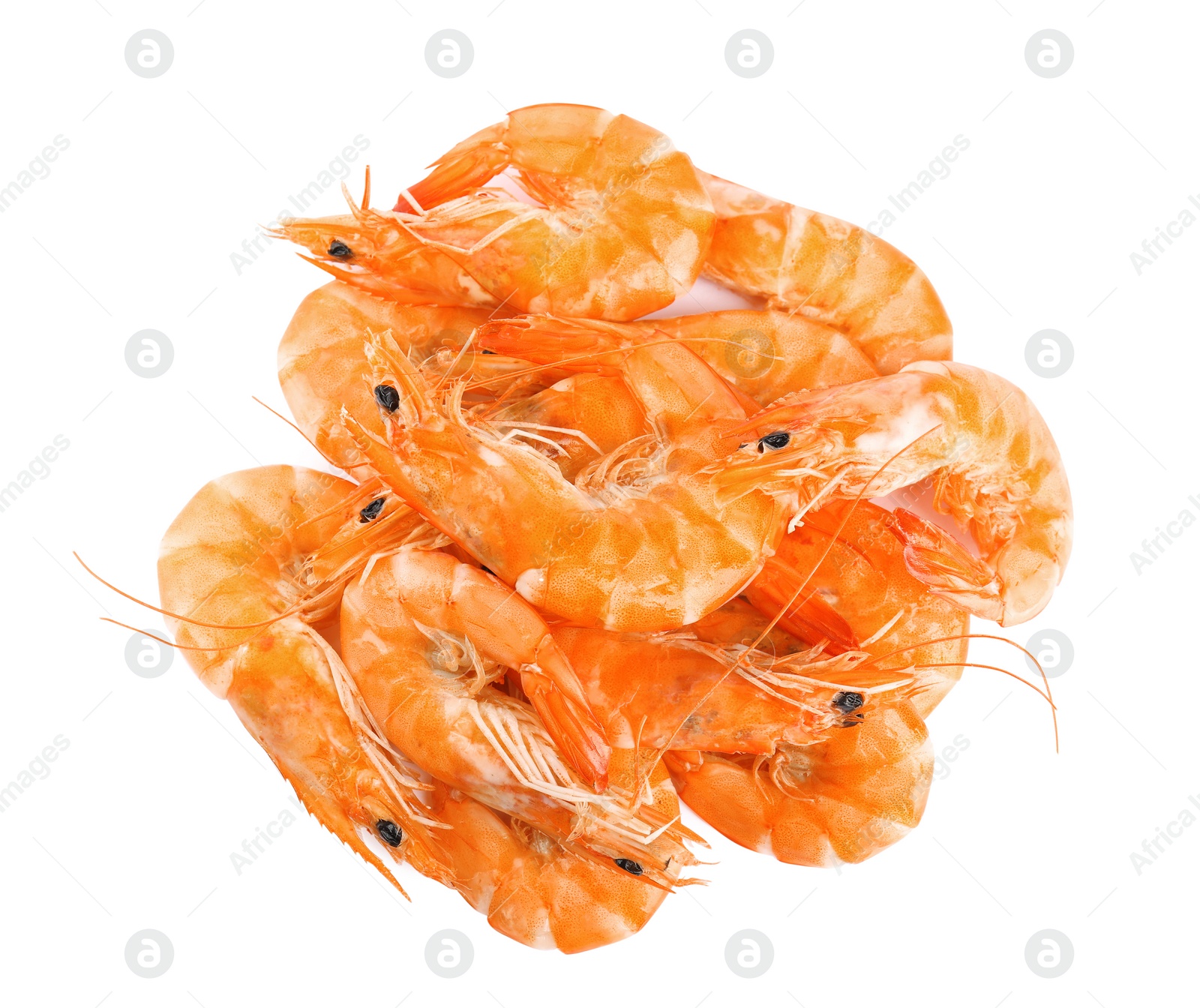 Photo of Delicious cooked shrimps isolated on white, top view