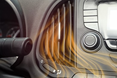 Image of Closeup view of conditioning system in car and illustration of warm air flow