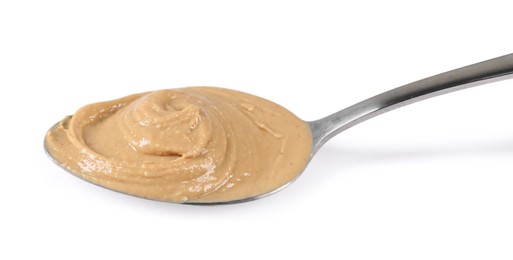 Delicious nut butter in spoon isolated on white