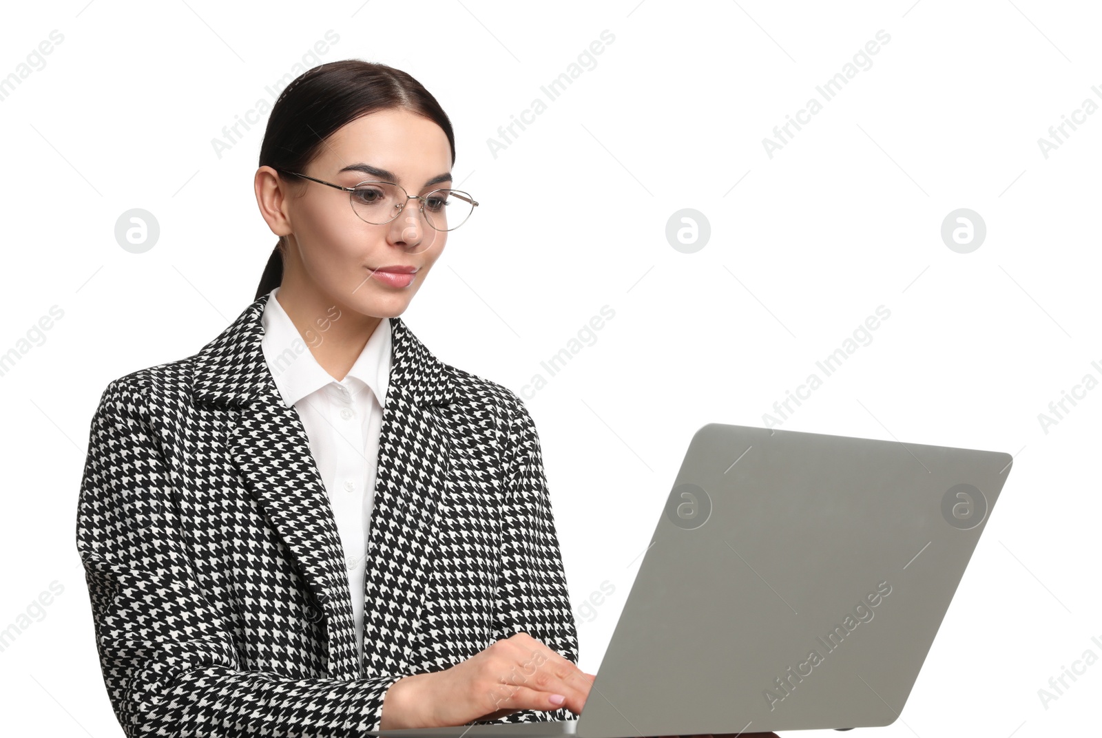 Photo of Young businesswoman with laptop on white background