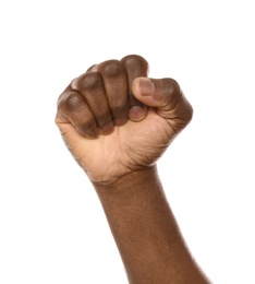 Photo of African-American man showing fist on white background, closeup
