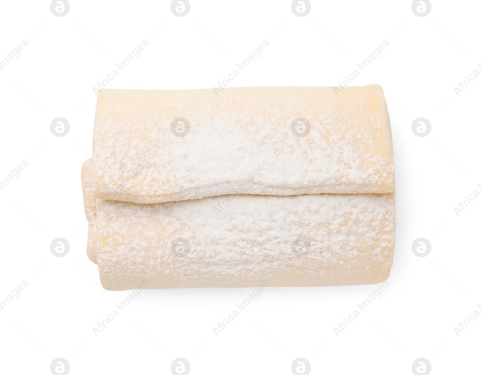 Photo of Raw puff pastry dough isolated on white, top view