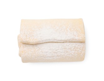 Photo of Raw puff pastry dough isolated on white, top view