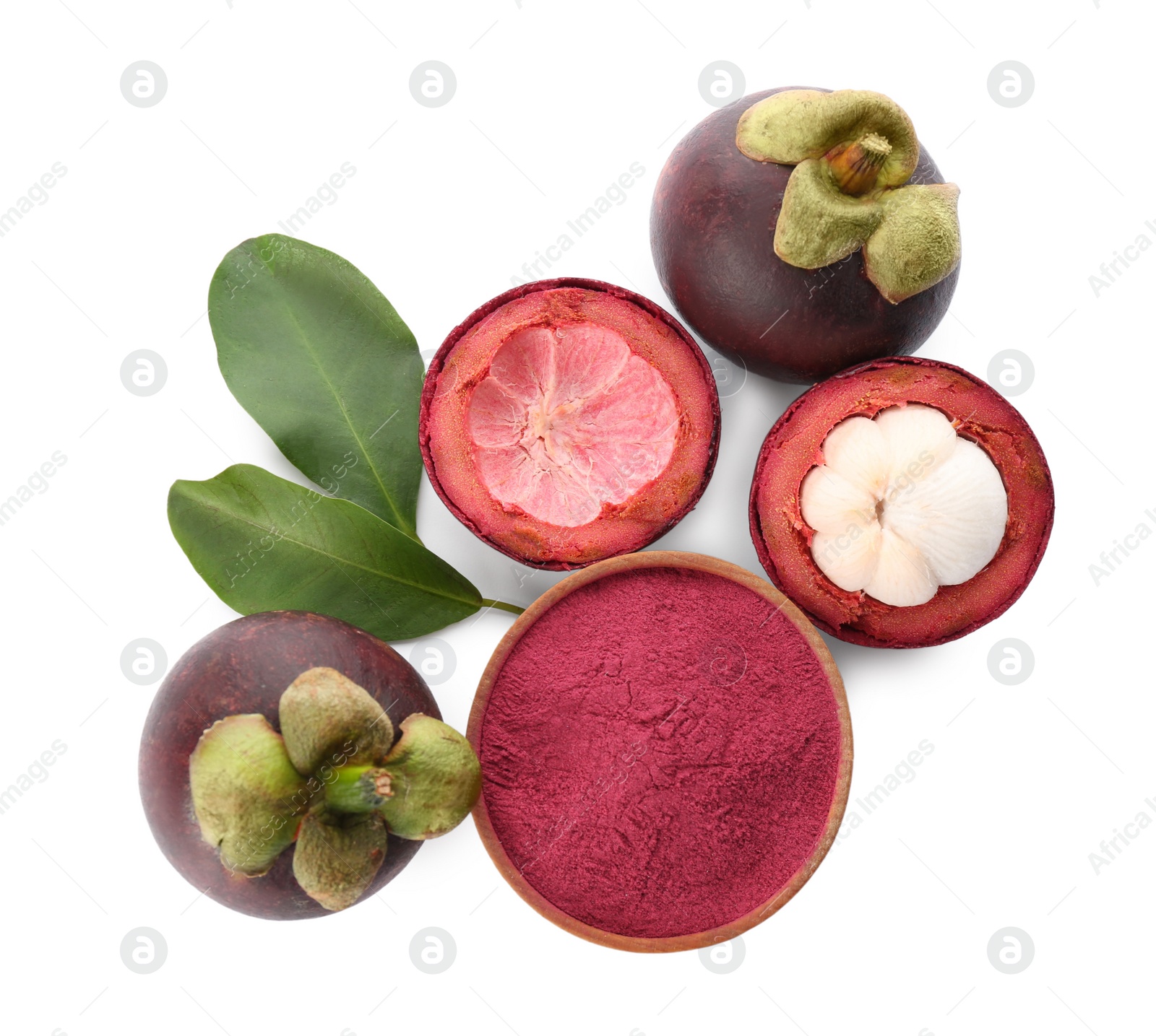 Photo of Mangosteen powder and fruits on white background, top view