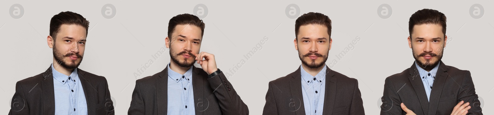 Image of Collage with photos of handsome man wearing suit on light grey background. Banner design