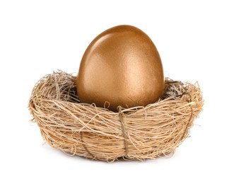 One golden egg in nest on white background