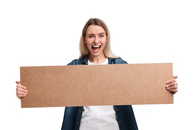 Screaming woman holding blank cardboard banner on white background, space for text
