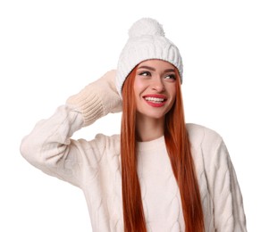 Photo of Young woman in hat and sweater on white background. Christmas celebration