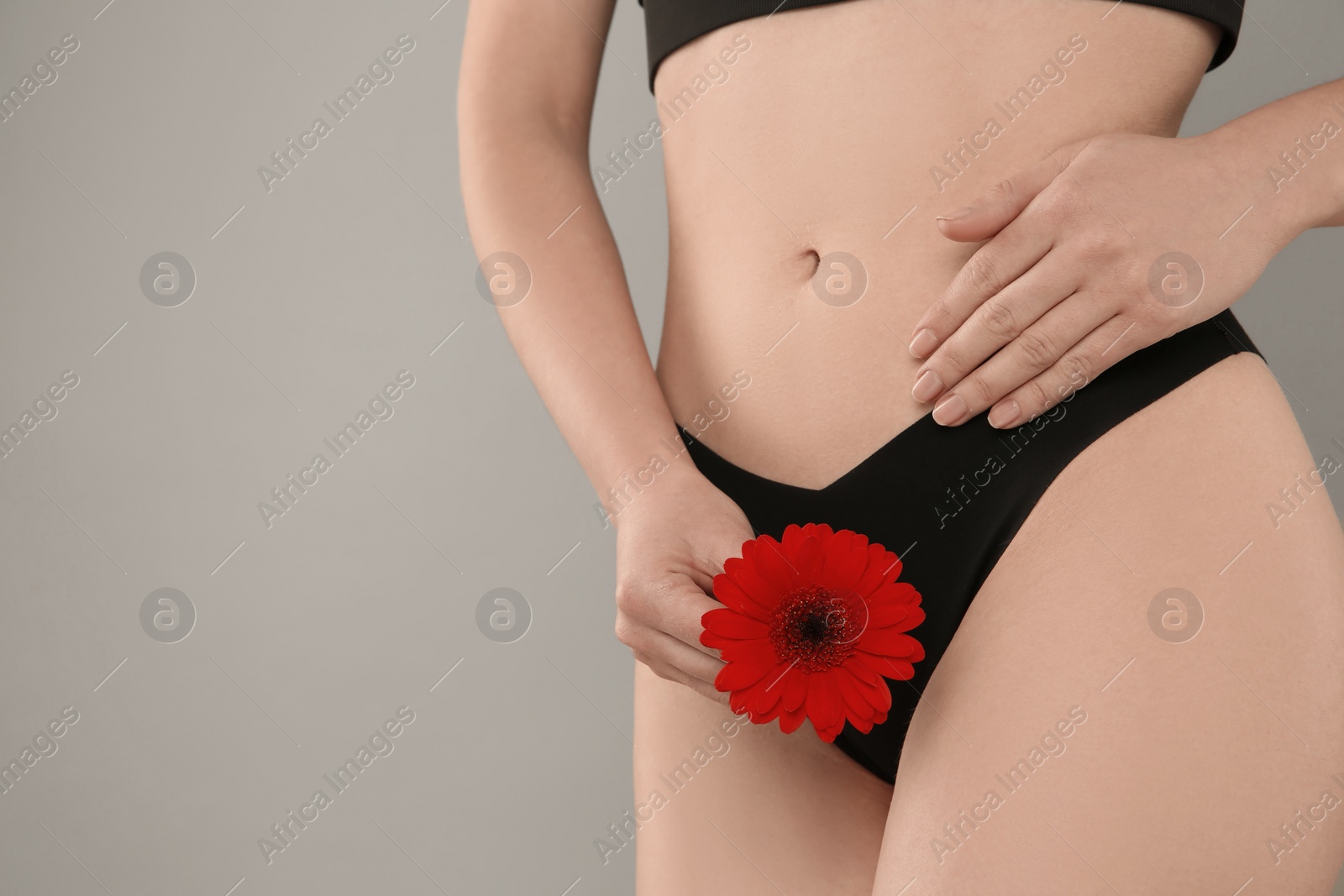 Photo of Gynecology. Woman in underwear with gerbera flower on grey background, closeup. Space for text