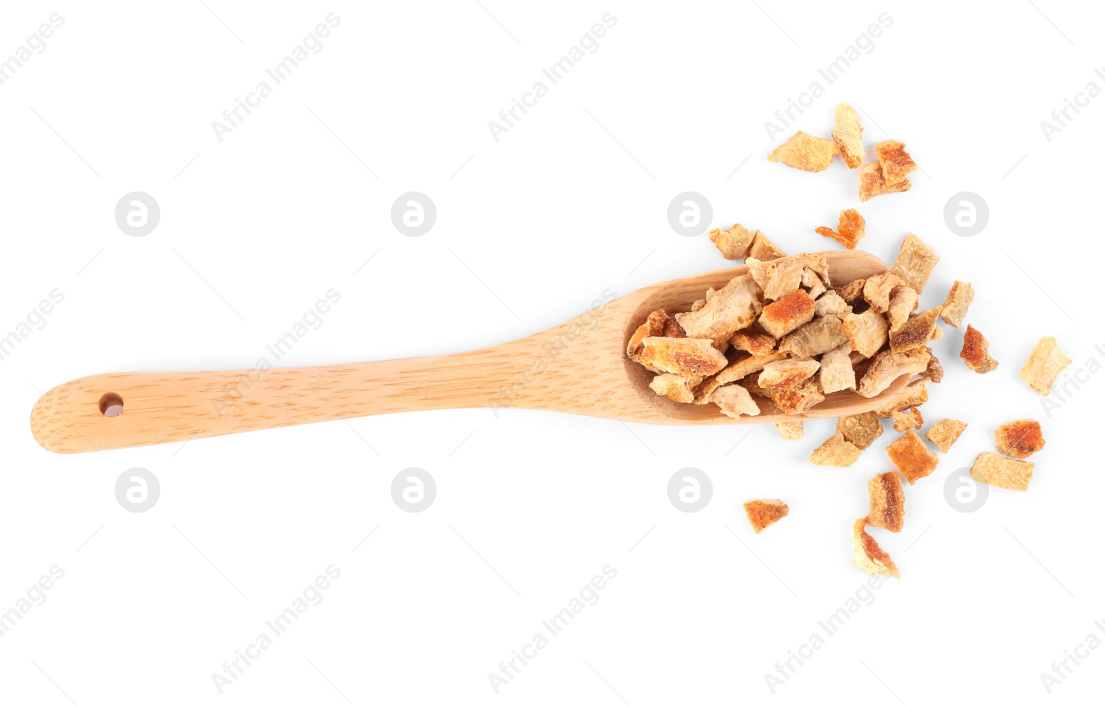 Photo of Scoop with dried orange zest seasoning isolated on white, top view