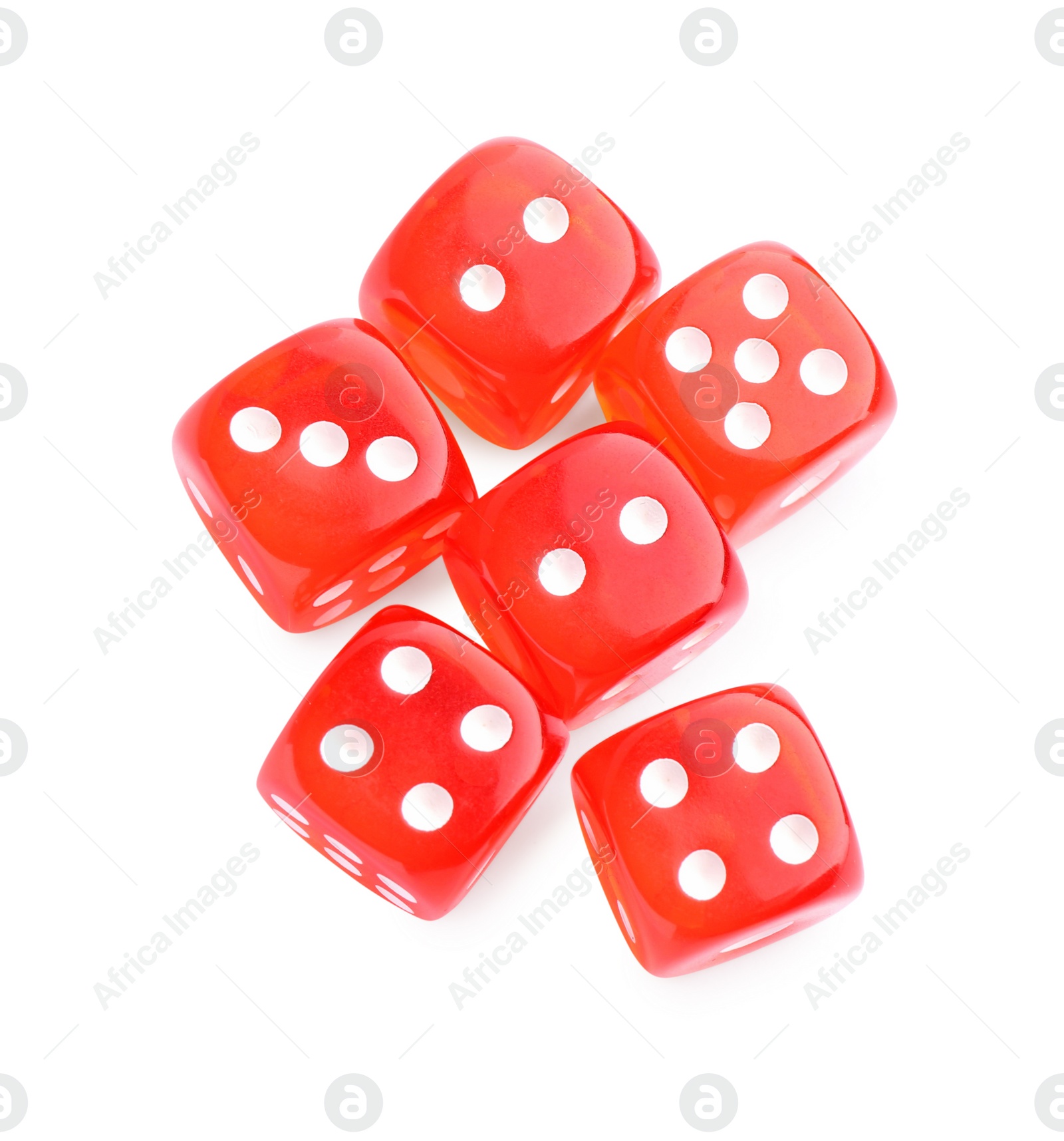 Photo of Many red game dices isolated on white, top view