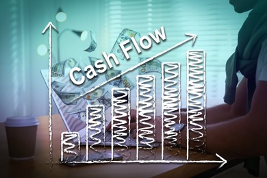 Cash Flow concept. Illustration of graph and man using laptop at table for earning money