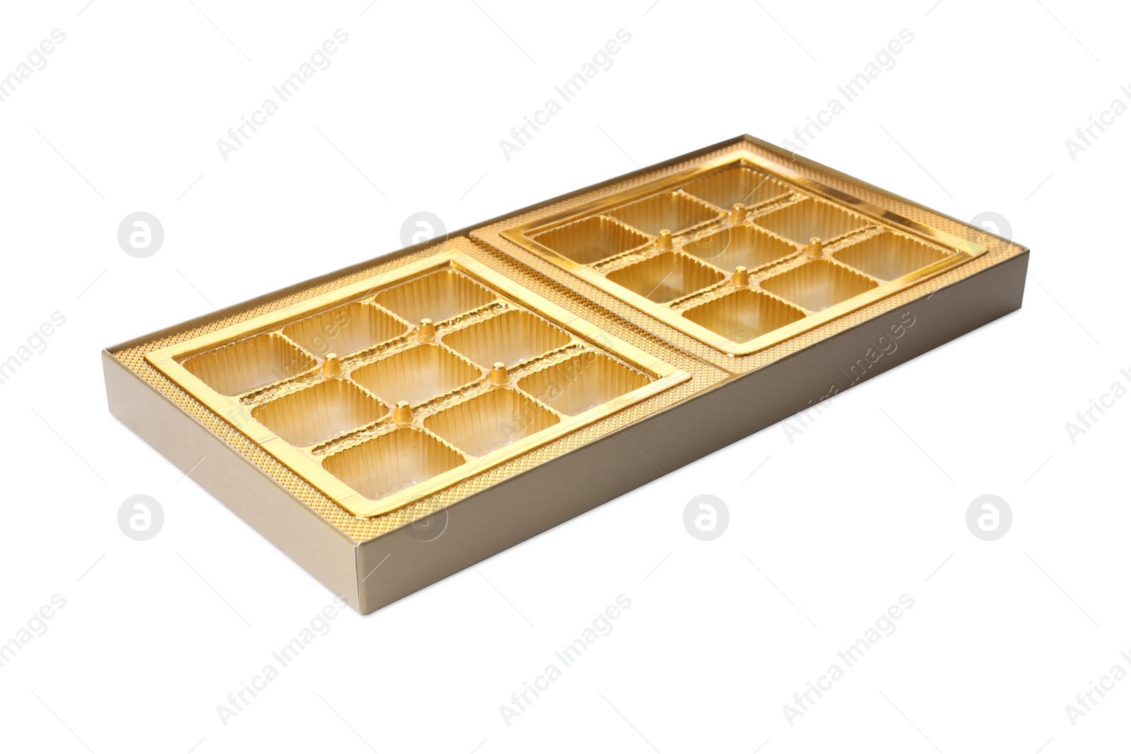 Photo of Empty box of chocolate candies isolated on white