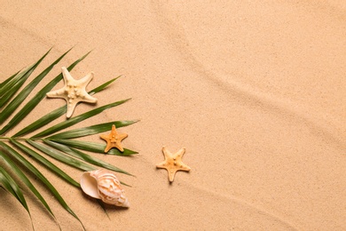 Photo of Palm leaf, starfishes, seashell and space for text on beach sand, flat lay. Summer vacation