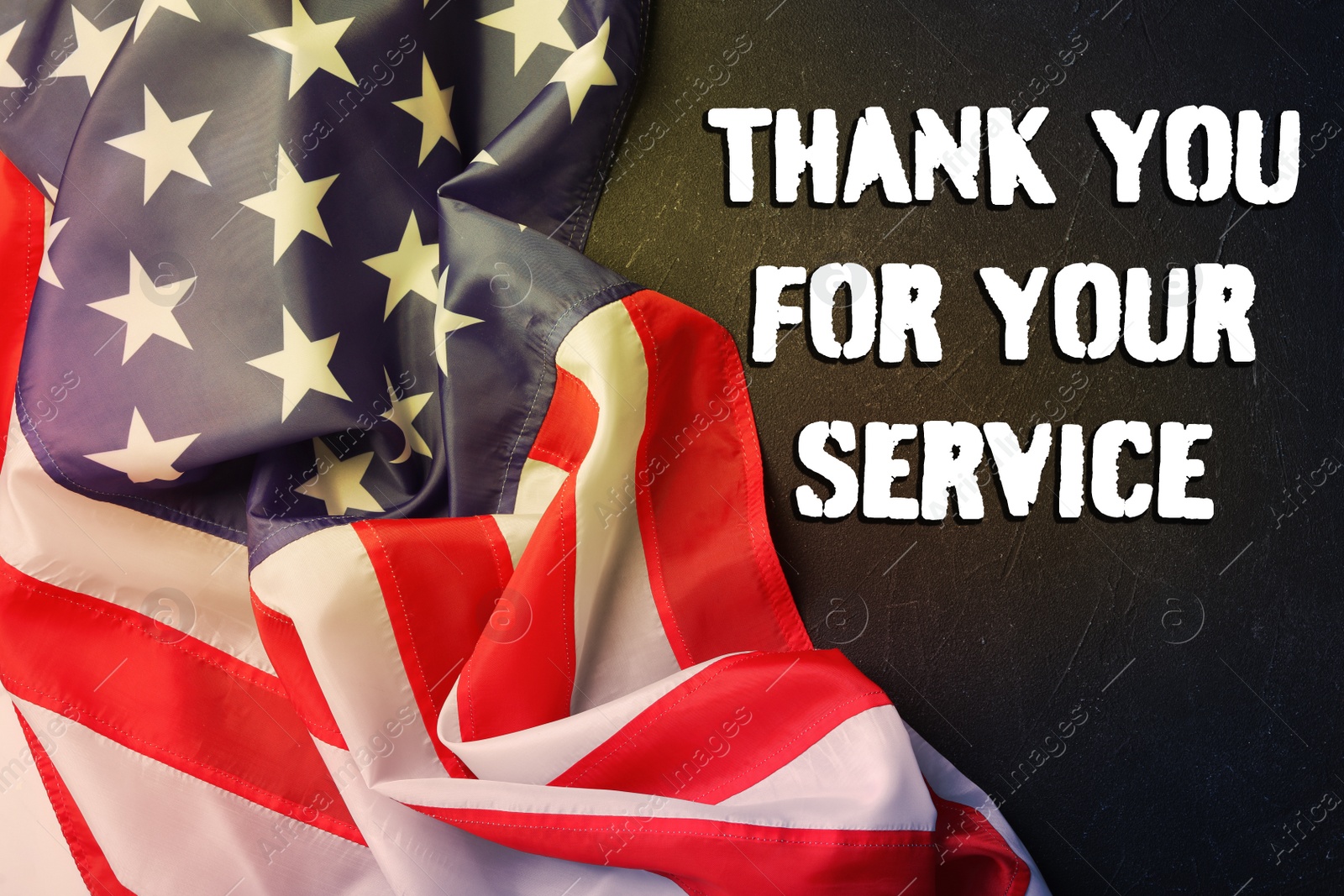 Image of Text THANK YOU FOR YOUR SERVICE and American flag on black background, top view. Memorial day