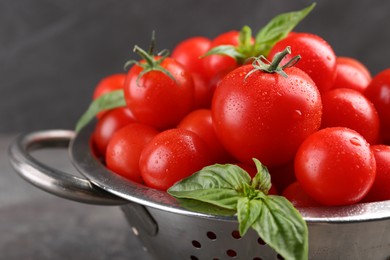 Photo of Fresh ripe tomatoes and basil leaves in colander against blurred background, closeup