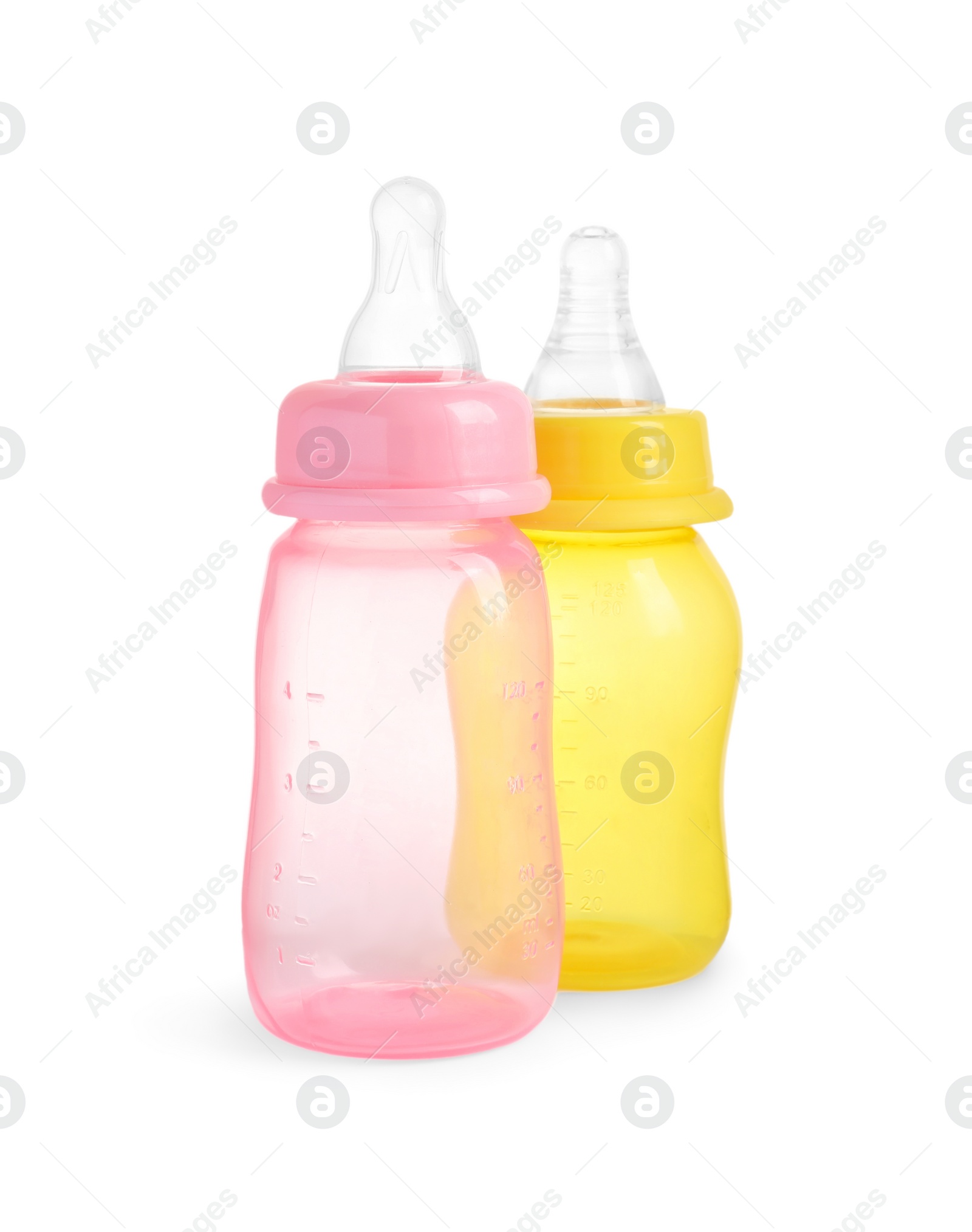 Photo of Two empty feeding bottles for infant formula on white background