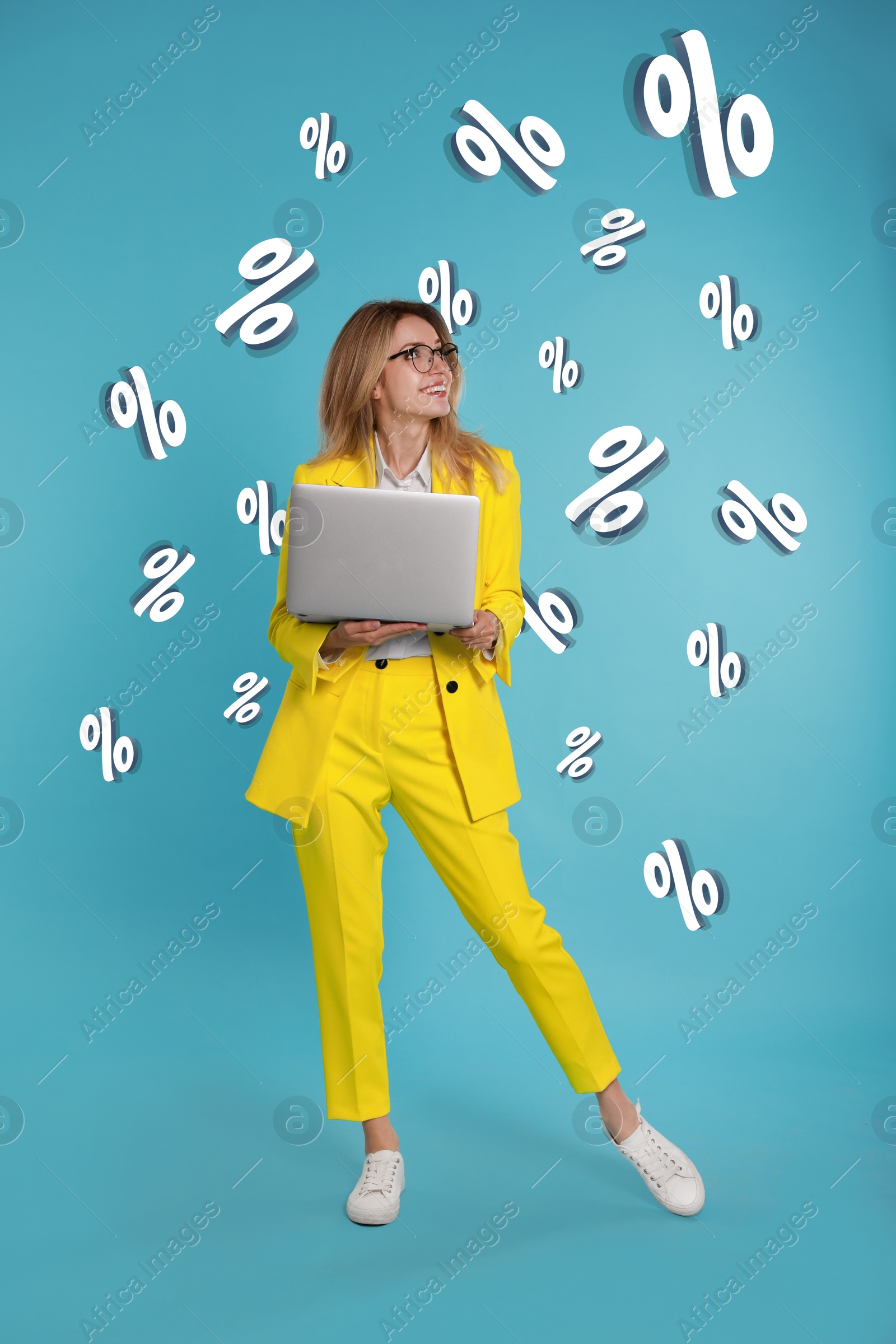 Image of Happy woman and percent signs on blue background. Special promotion