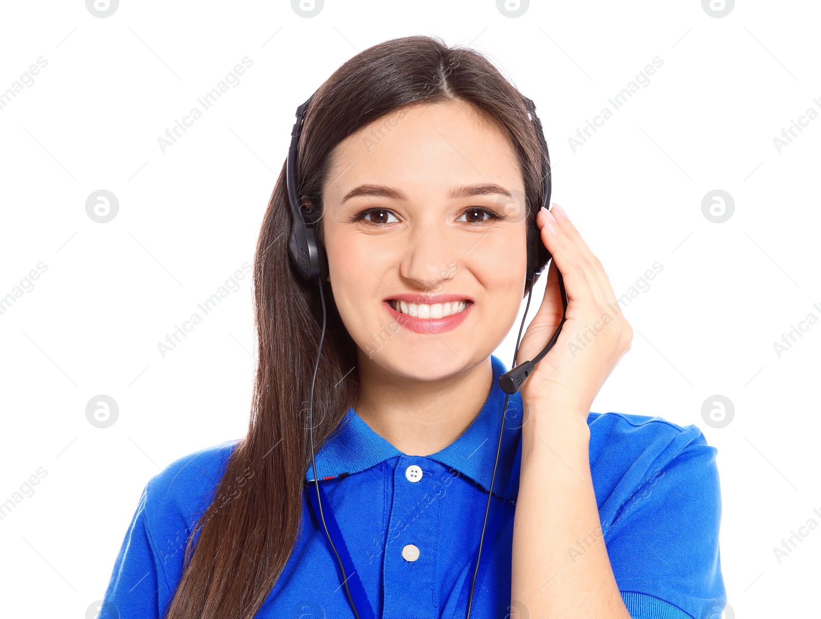 Photo of Female technical support operator with headset on white background