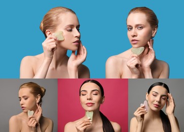 Image of Collage with portraits of beautiful women with gua sha facial tools on color backgrounds