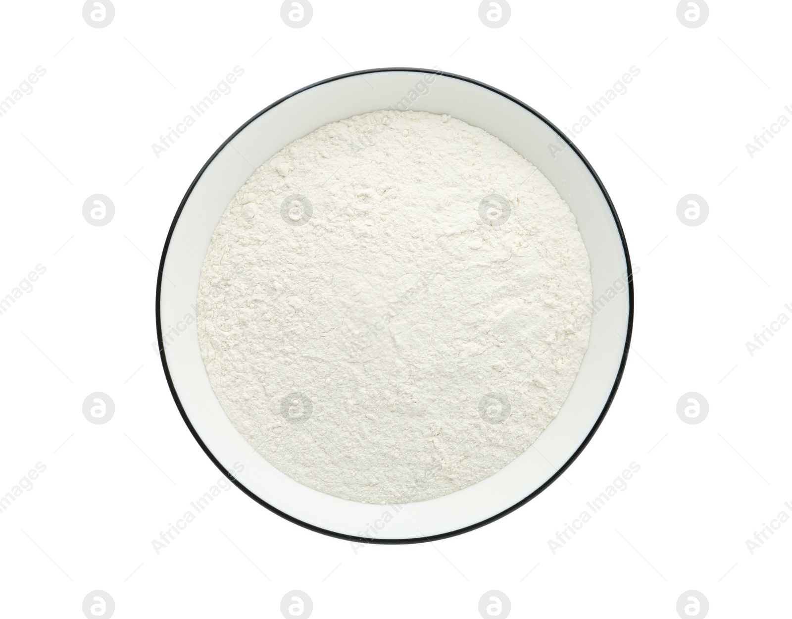 Photo of Organic flour in bowl isolated on white, top view